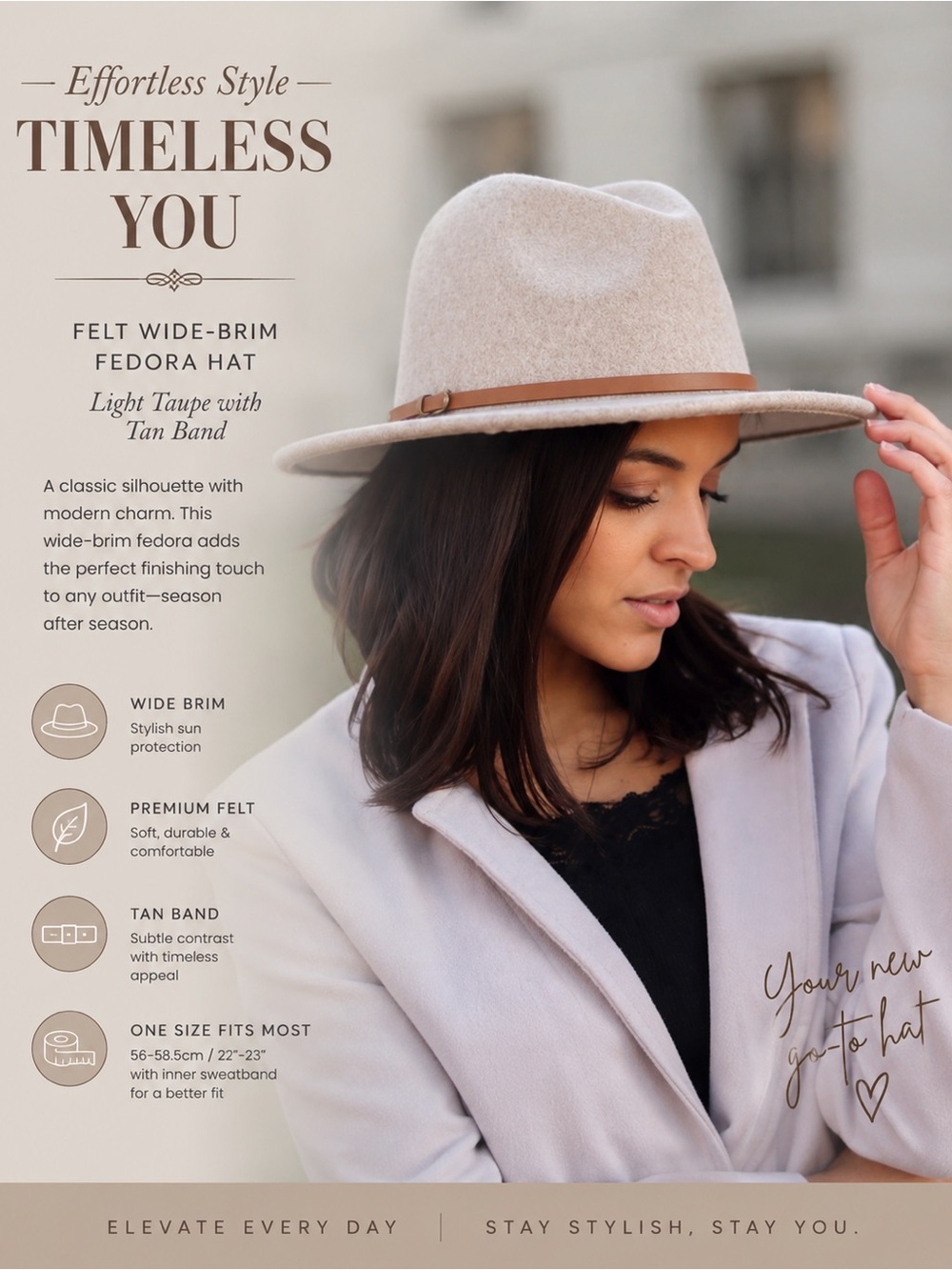 Womens Felt Wide-Brim Fedora Hat - Light Taupe